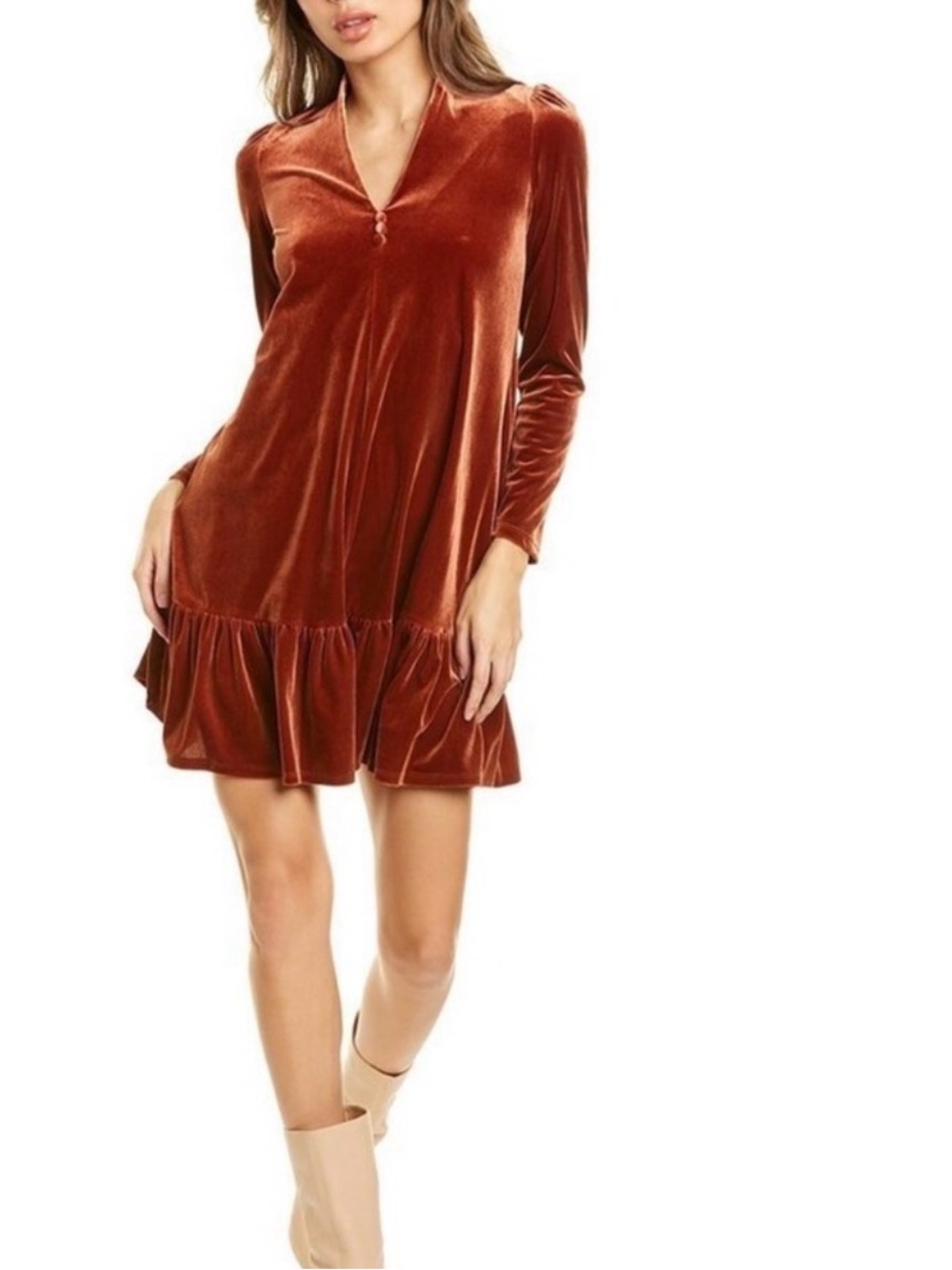 Taylor Rust Velvet Trapeze Shift Dress V-Neck Ruffle Hem Long Sleeve